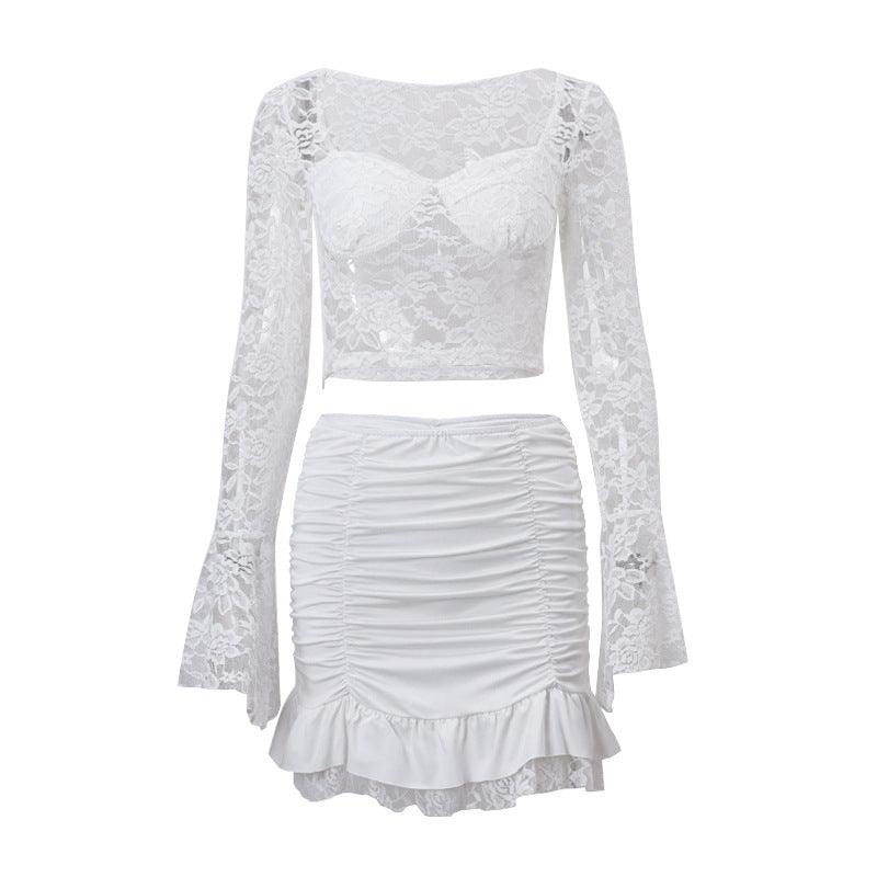 Square Collar Flared Long Sleeve Top Lace Skirt Suit Women-THAT FASHION STORE