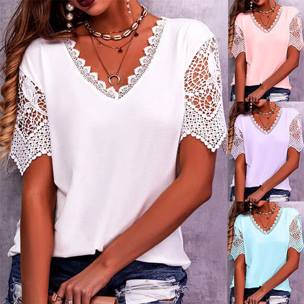 Lace Tops Women Summer Loose V Neck Short Sleeve Casual Shirts - THAT FASHION STORE