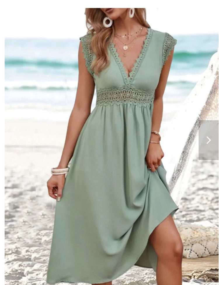 Elegant Women's Lace V-neck Hollow-out Solid Color Dress - THAT FASHION STORE