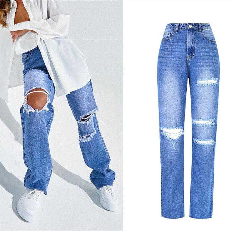 Women's High Waist Straight Ripped Jeans-THAT FASHION STORE