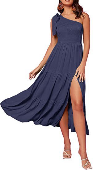 Chic Asymmetrical One-Shoulder Maxi Dress with Pleated Layered Hem and Side Slits - THAT FASHION STORE