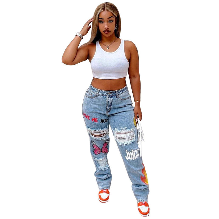 Women's Digital Positioning Print Ripped Fashion Jeans-THAT FASHION STORE