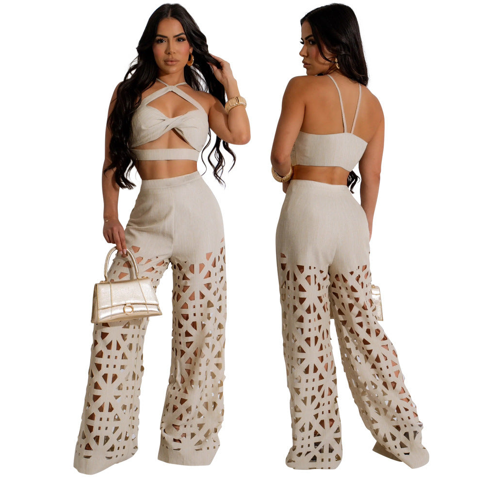 Burnt Flower Two-piece Set Sexy Camisole Hollow-out Wide-leg Pants - THAT FASHION STORE