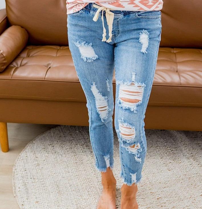 Women's High Waist Ripped Elastic Waist Jeans-THAT FASHION STORE