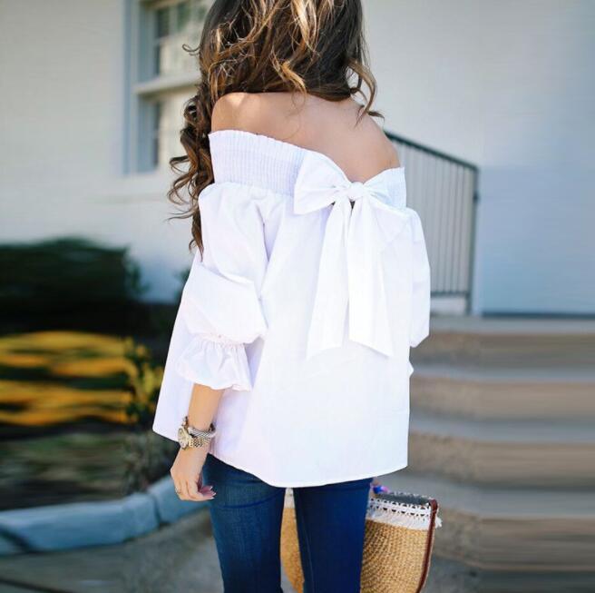 Off Shoulder Tops Spring Summer Strapless Women Blouse Bowknot Slash Neck Shirts Casual Loose Blusas Plus Size-THAT FASHION STORE