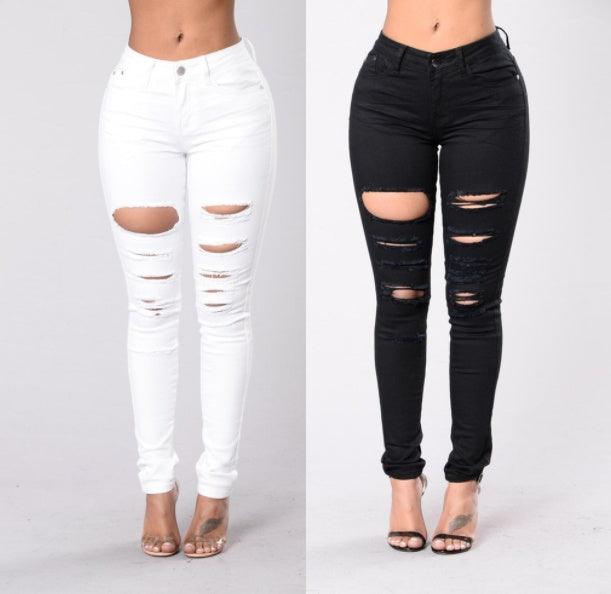 New casual sexy jeans woman cotton denim trousers slim mid waist ripped holes pencil pants cowboy jeans femme-THAT FASHION STORE