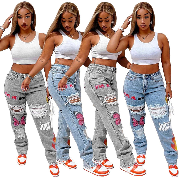 Women's Digital Positioning Print Ripped Fashion Jeans-THAT FASHION STORE