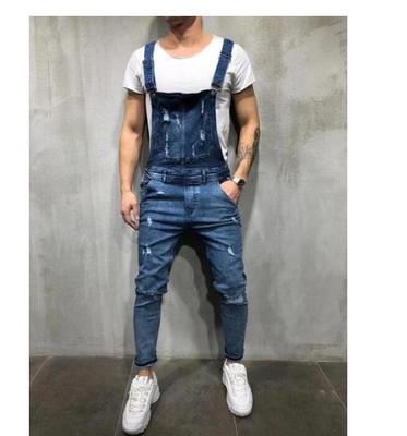 Men's Casual Baggy Jeans with Suspenders and Distressed Details - THAT FASHION STORE