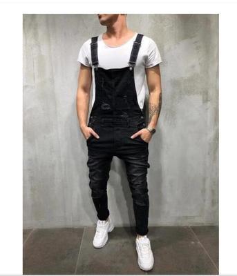 Men's Casual Baggy Jeans with Suspenders and Distressed Details - THAT FASHION STORE