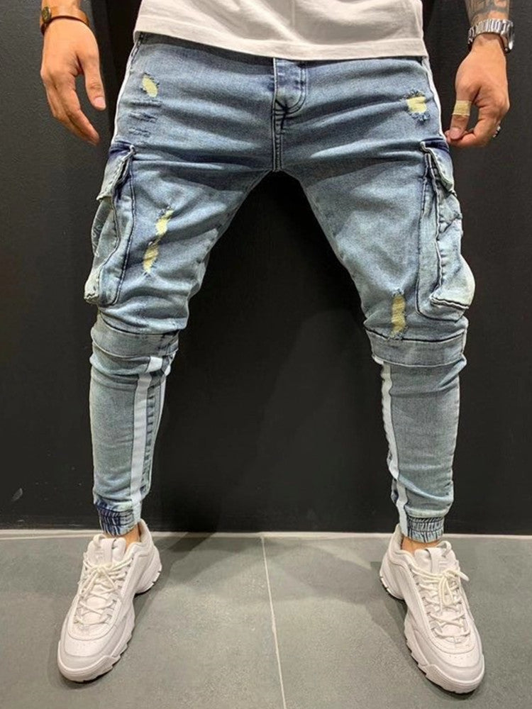 Men's Casual Baggy Jeans with Suspenders and Distressed Details - THAT FASHION STORE