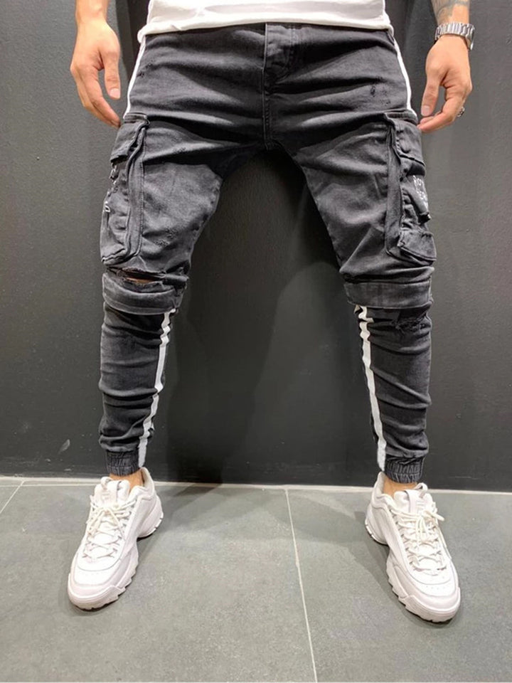 Men's Casual Baggy Jeans with Suspenders and Distressed Details - THAT FASHION STORE