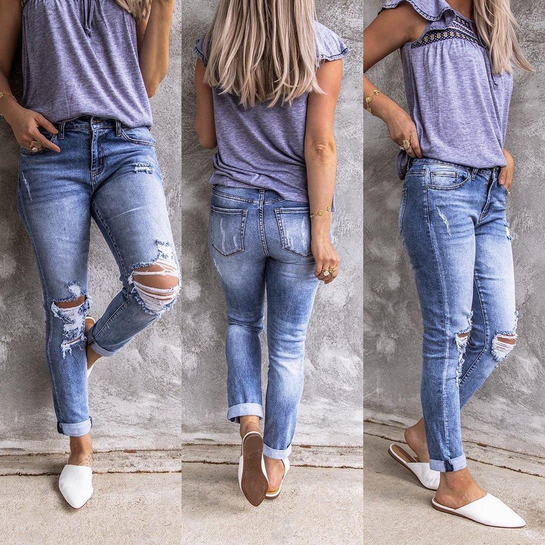 Ripped Retro Full-Jet Stretch Small Straight Jeans-THAT FASHION STORE