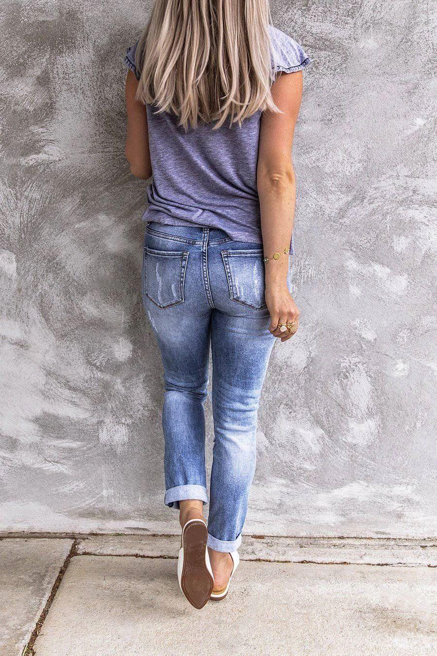 Ripped Retro Full-Jet Stretch Small Straight Jeans-THAT FASHION STORE