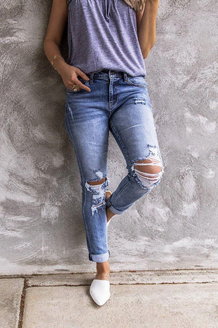 Ripped Retro Full-Jet Stretch Small Straight Jeans-THAT FASHION STORE