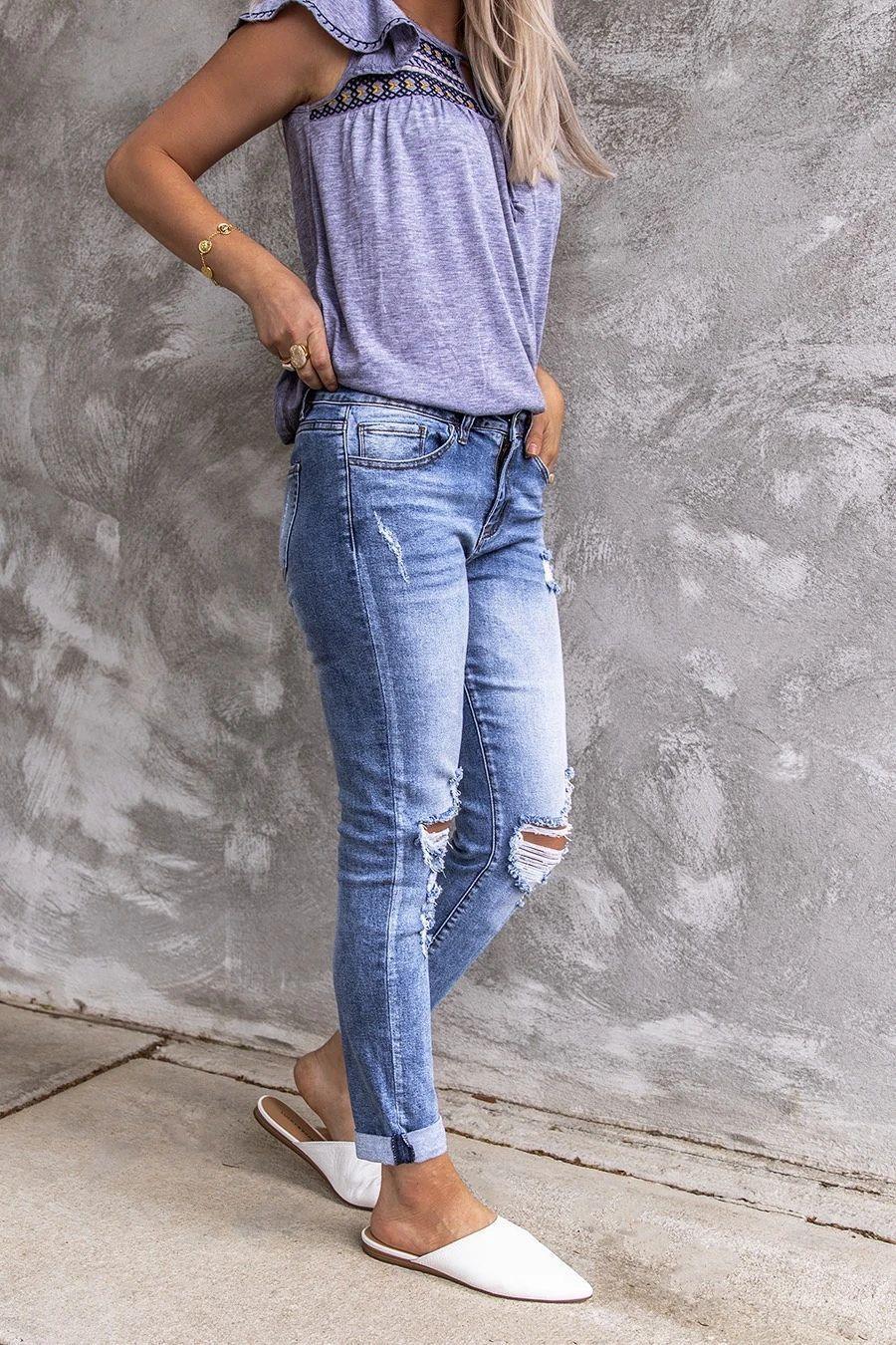 Ripped Retro Full-Jet Stretch Small Straight Jeans-THAT FASHION STORE