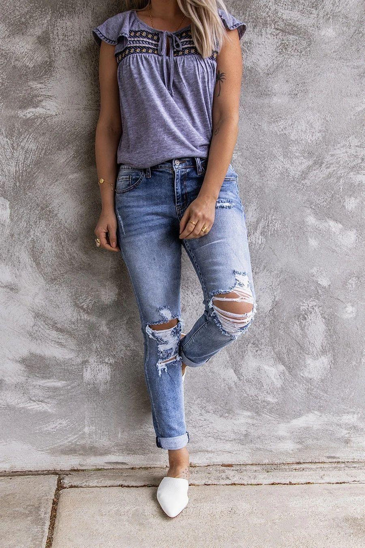 Ripped Retro Full-Jet Stretch Small Straight Jeans-THAT FASHION STORE