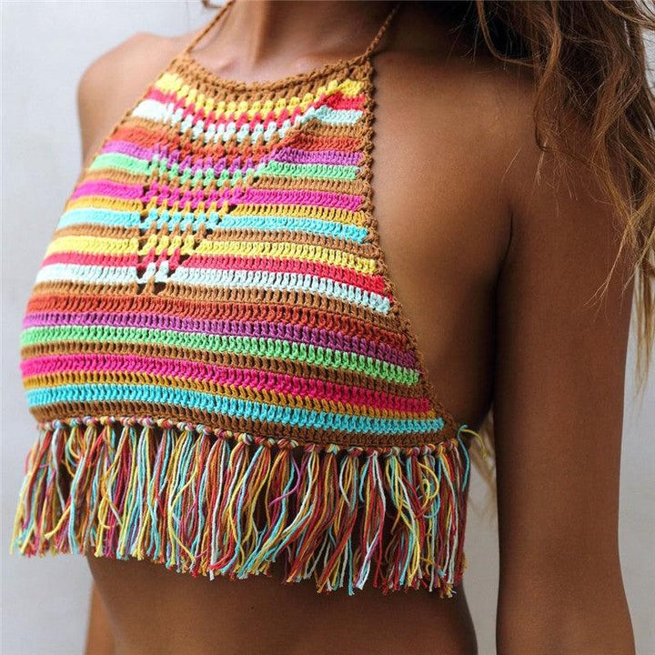 Crochet Colours Stripes Bikini Top Beach Women Tassel Swimwear Top-THAT FASHION STORE