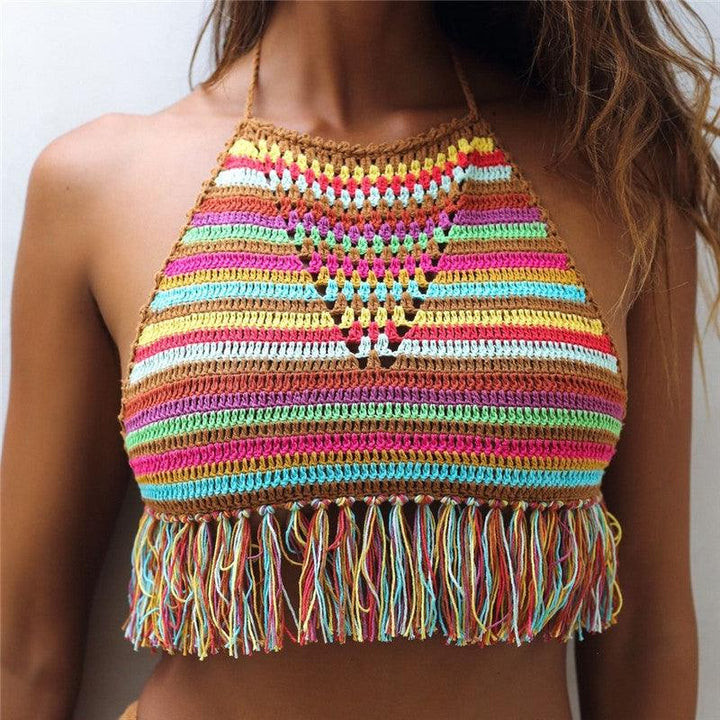 Crochet Colours Stripes Bikini Top Beach Women Tassel Swimwear Top-THAT FASHION STORE