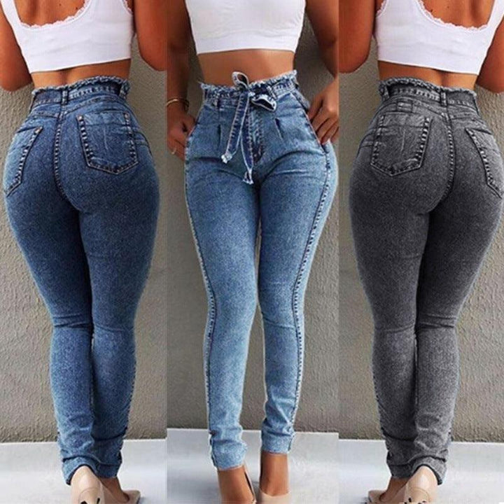 Women's High-Waist Stretch-Cut Jeans With Belt-THAT FASHION STORE