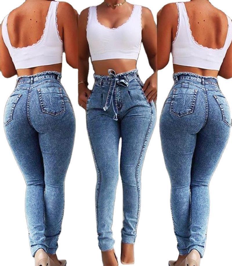 Women's High-Waist Stretch-Cut Jeans With Belt-THAT FASHION STORE