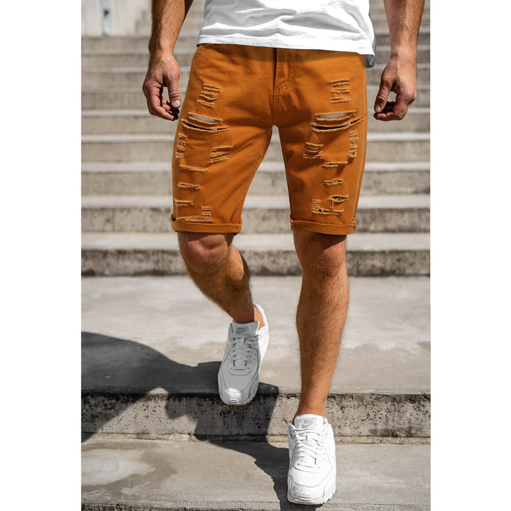 Men's Casual Denim Shorts Ripped Solid Color Five Point Pants-THAT FASHION STORE