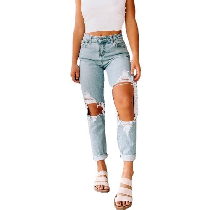 Wide-leg Straight-leg Ripped Jeans-THAT FASHION STORE