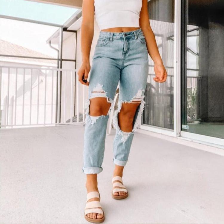 Wide-leg Straight-leg Ripped Jeans-THAT FASHION STORE