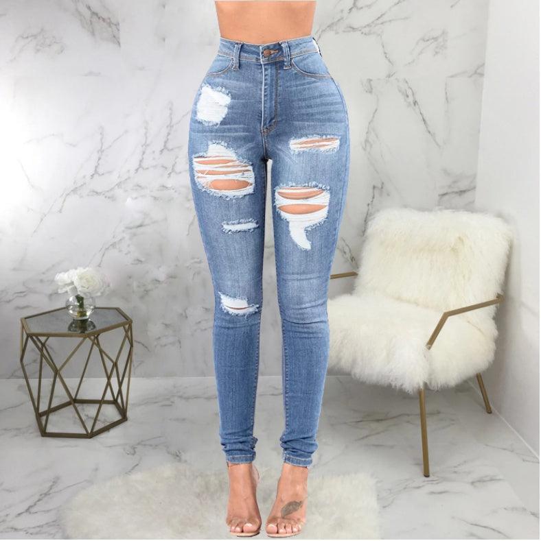 Sexy Pencil Ripped Jeans For Women Summer Fashion All-Match Elastic High Waist Washed Holes Denim Urban Street Casual Pants-THAT FASHION STORE