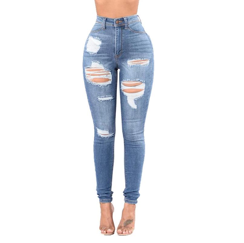 Sexy Pencil Ripped Jeans For Women Summer Fashion All-Match Elastic High Waist Washed Holes Denim Urban Street Casual Pants-THAT FASHION STORE