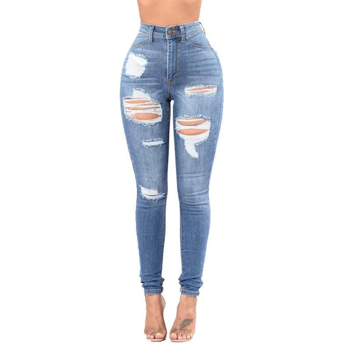 Sexy Pencil Ripped Jeans For Women Summer Fashion All-Match Elastic High Waist Washed Holes Denim Urban Street Casual Pants-THAT FASHION STORE