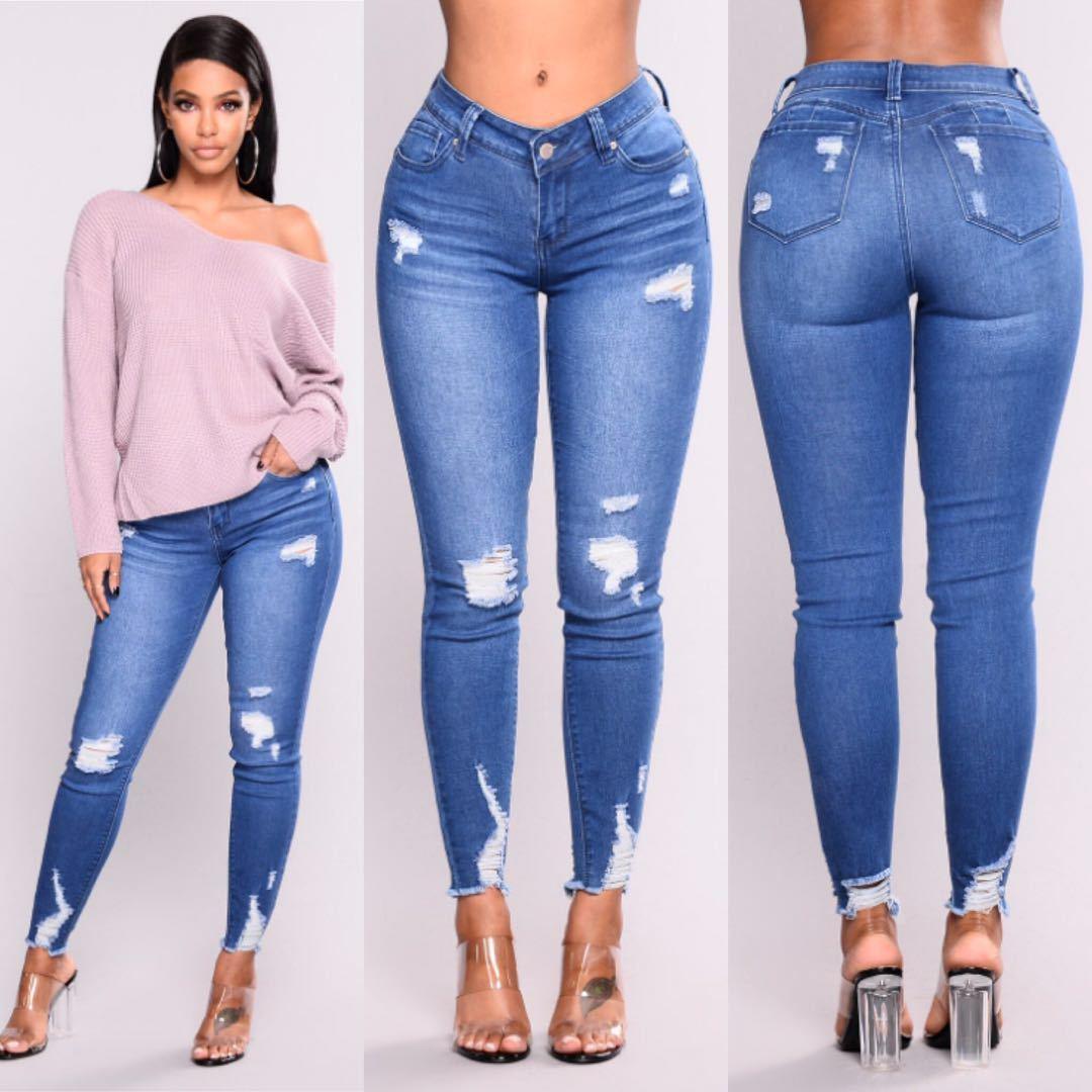 European And American Stretch Ripped High-Waisted Jeans-THAT FASHION STORE