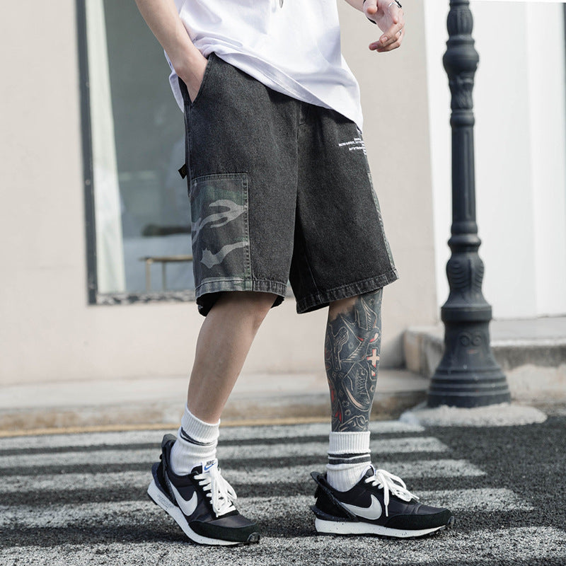 Camouflage Stitching Denim Overalls Shorts Men's Japanese-THAT FASHION STORE