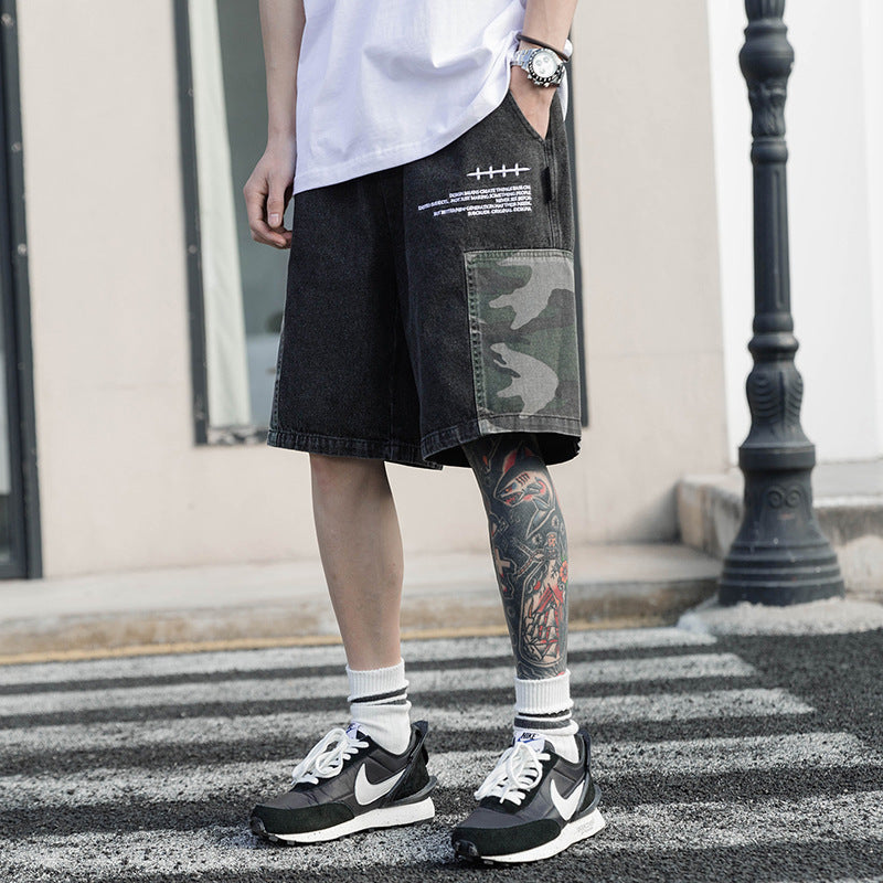 Camouflage Stitching Denim Overalls Shorts Men's Japanese-THAT FASHION STORE