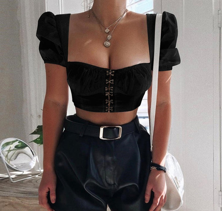 Puff Sleeve Collar Buttoned Crop Top-THAT FASHION STORE