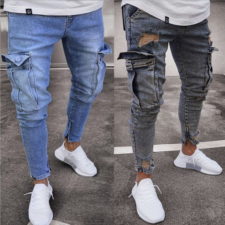 Light Blue Cargo Denim Tapered Jeans for Men - THAT FASHION STORE