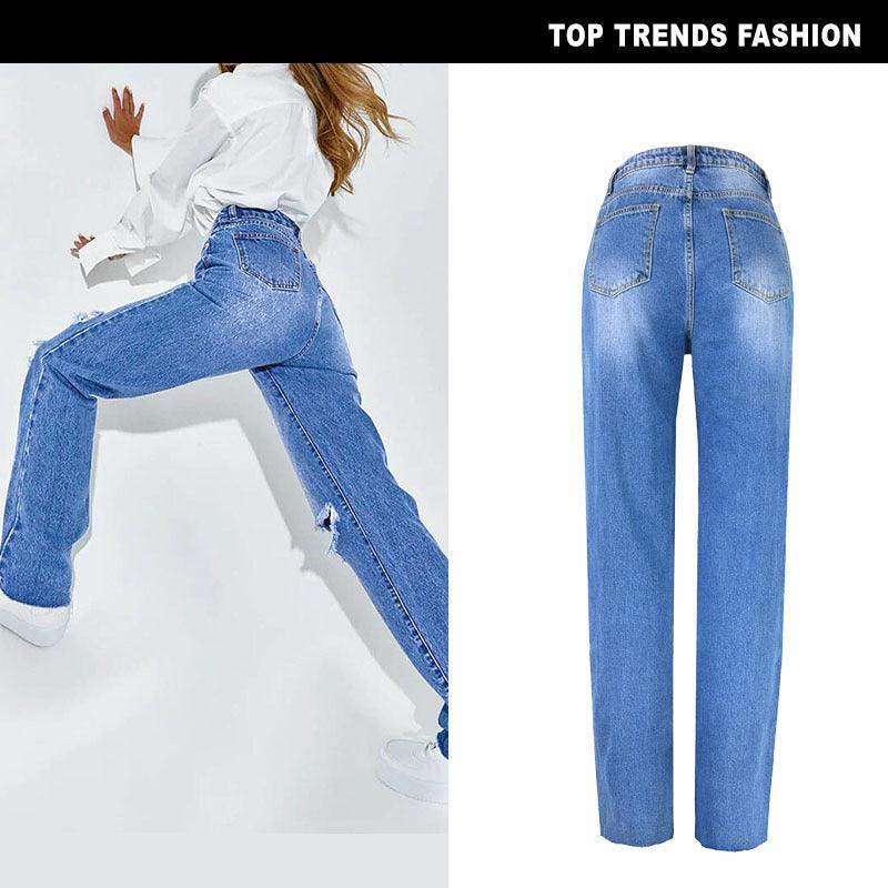 Women's High Waist Straight Ripped Jeans-THAT FASHION STORE