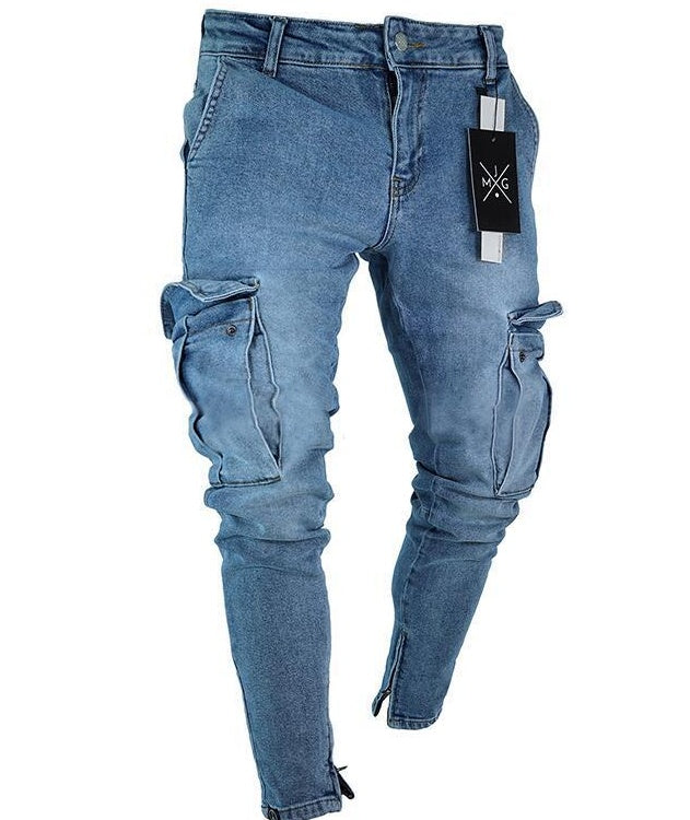 Light Blue Cargo Denim Tapered Jeans for Men - THAT FASHION STORE