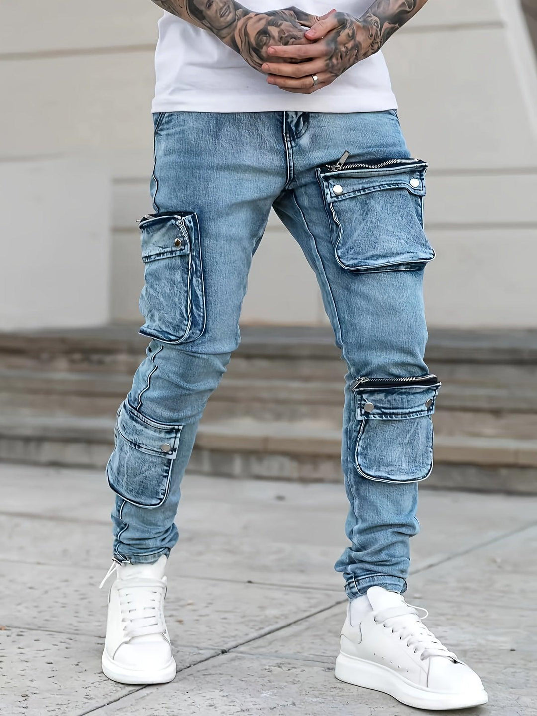 Men's Stylish Cotton Blend Mid Stretch Jeans With Multi-pocket Design, Chic Street Style Slim Fit Bottoms For Men, All Seasons-THAT FASHION STORE