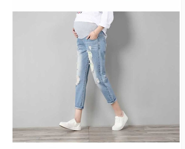 Summer Stylish Maternity Distressed Denim 7/8 Pants - Loose Fit Stretch Jeans - THAT FASHION STORE