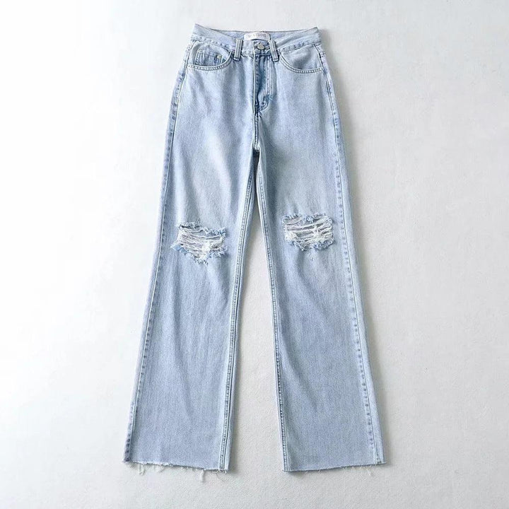 Jeans Straight Trousers With Holes And Rough Edges-THAT FASHION STORE