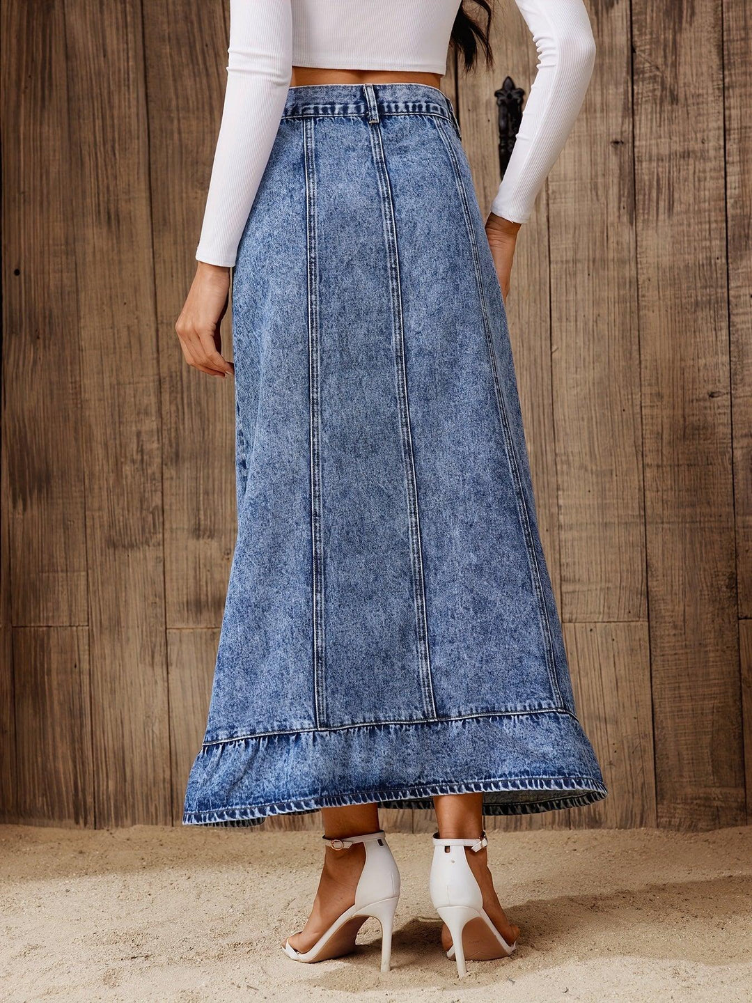 Women's Summer Vintage Washed Denim Maxi Skirt, A-Line Single-breasted Button Front Long Skirt With Frayed Hem, Casual Retro Style Jean Skirt-THAT FASHION STORE