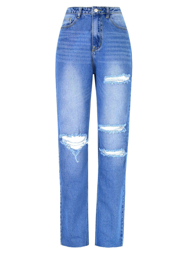 Women's High Waist Straight Ripped Jeans-THAT FASHION STORE