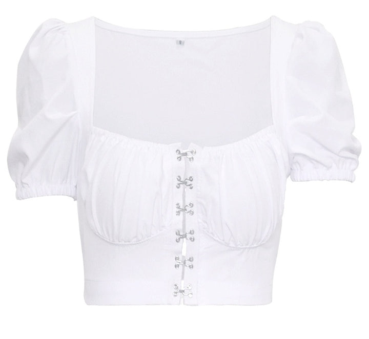 Puff Sleeve Collar Buttoned Crop Top-THAT FASHION STORE