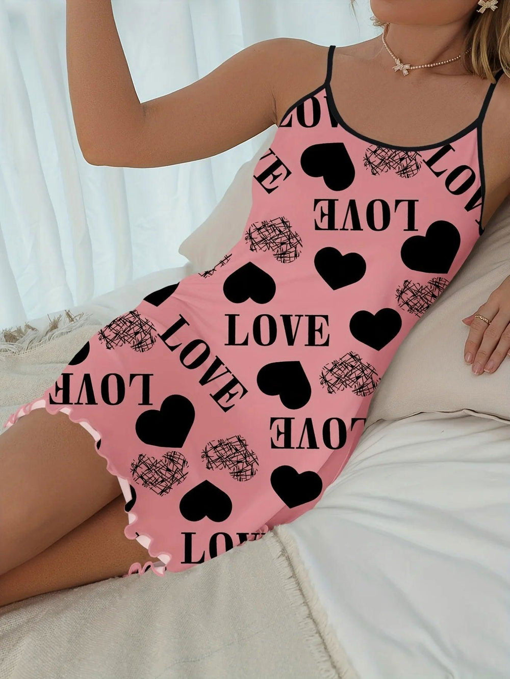 1 Piece Casual & Comfy Heart & Letter Print Nightdress, Lettuce Trim Sexy Slip Short Nightdress, Women's Sleepwear & Dresses-THAT FASHION STORE