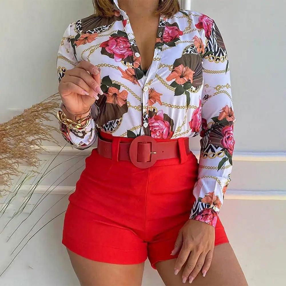 1 Set Women Blouse Shorts Suit Floral Spring Summer Printed Blouse Pure Color Shorts Office Ladies Shirt Shorts-THAT FASHION STORE