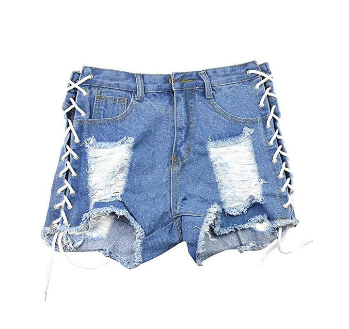 Denim Hot Pants Shorts Women's Straight Broken Corns Lace-up-THAT FASHION STORE