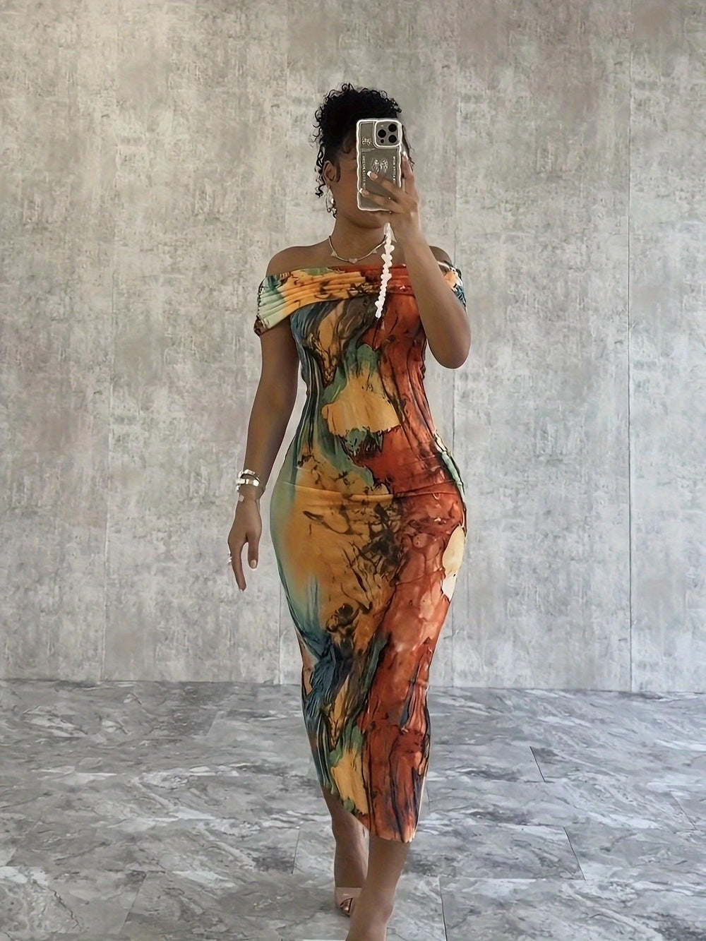 Abstract Print Sheath Dress, Off-shoulder Straight Neck Slim Dress For Spring & Summer, Women's Clothing-THAT FASHION STORE