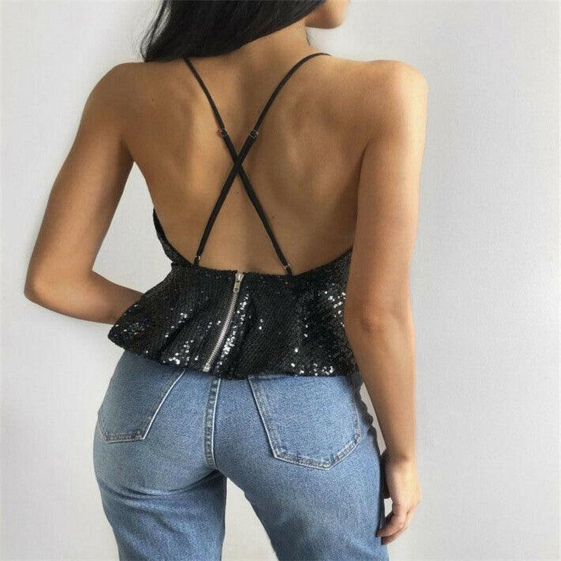 Women Sexy Luxury Sequined Crop Top Peplum Sleeveless Cropp-THAT FASHION STORE