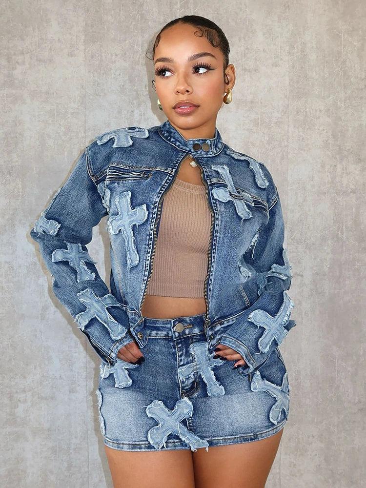 2 Piece Denim Sets Womens Outfits Spring Long Sleeve Zipper Jacket and Mini Skirt Set Sweet Sexy Outfits Wholesale Dropshipping-THAT FASHION STORE