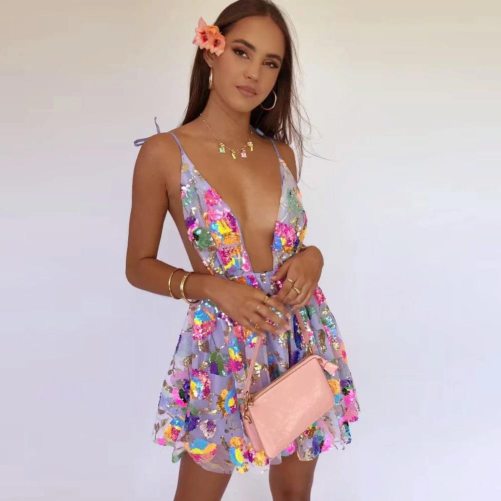 2022 Summer Party Dresses Sexy Dresses Women Sequined Backless Strap Mini Dress Party Dress Women Club Wear Dresses Vestidos-THAT FASHION STORE